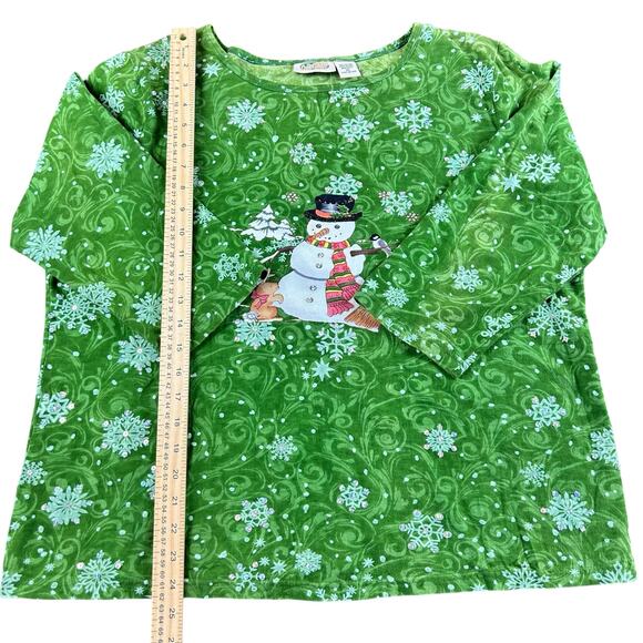 Collections Etc. Holiday Shirt Women Size XL Green Snowman Sequin Snowflake Top - Picture 12 of 12